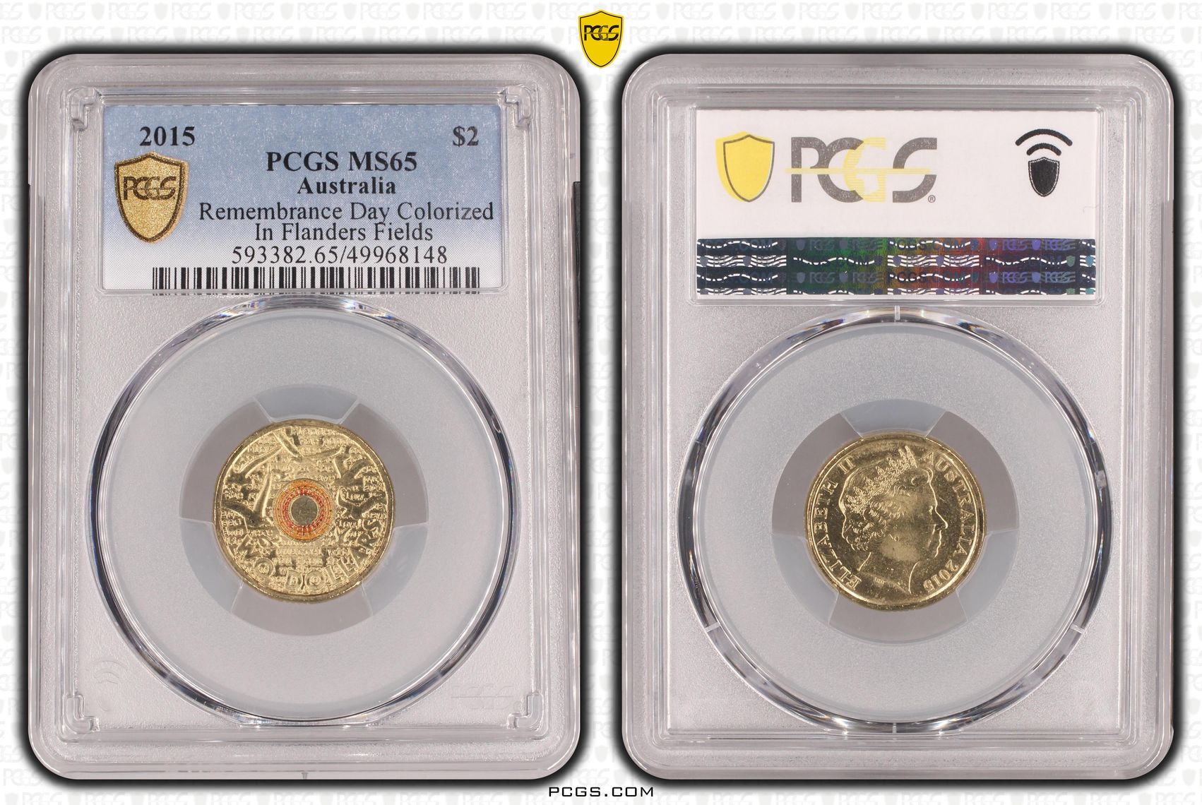 Remembrance Day Colorized - In Flanders Fields, Two Dollar, 2015, PCGS MS65