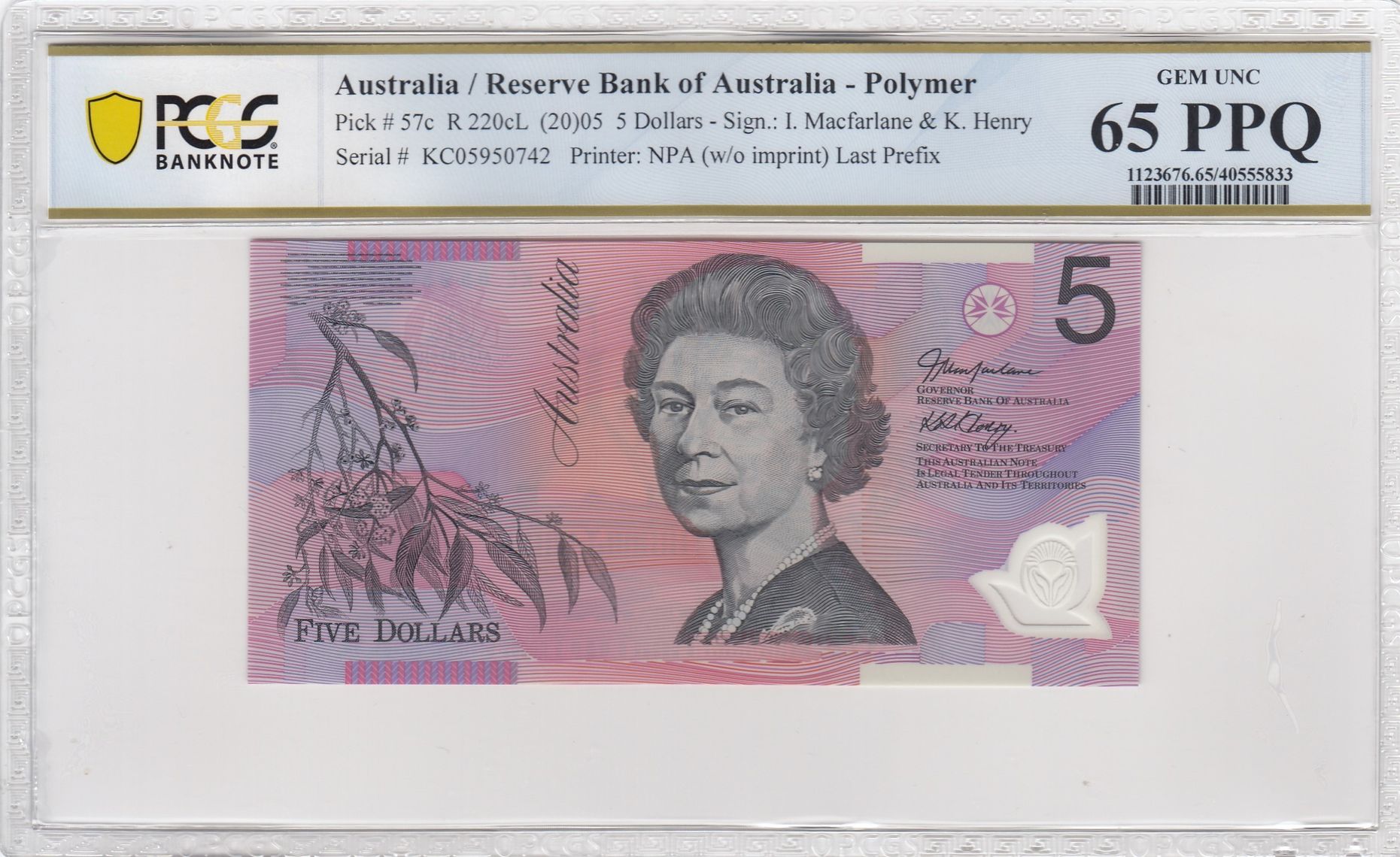 Macfarlane/Henry, Last Prefix, Five Dollar, 2005, PCGS Gem UNC 65 PPQ