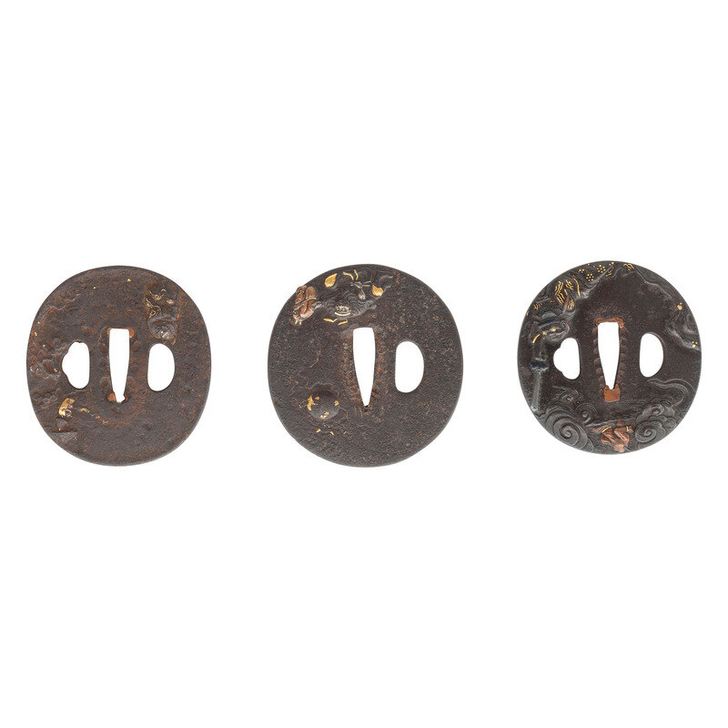 Lot of 3 Japanese Tsubas with Shoki and Oni Folkloric Motifs