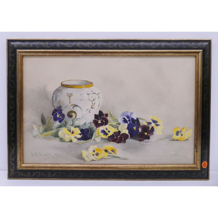 S.M. Nichols 1889 Pansies with Vase Still Life Watercolor Framed- 15x22''