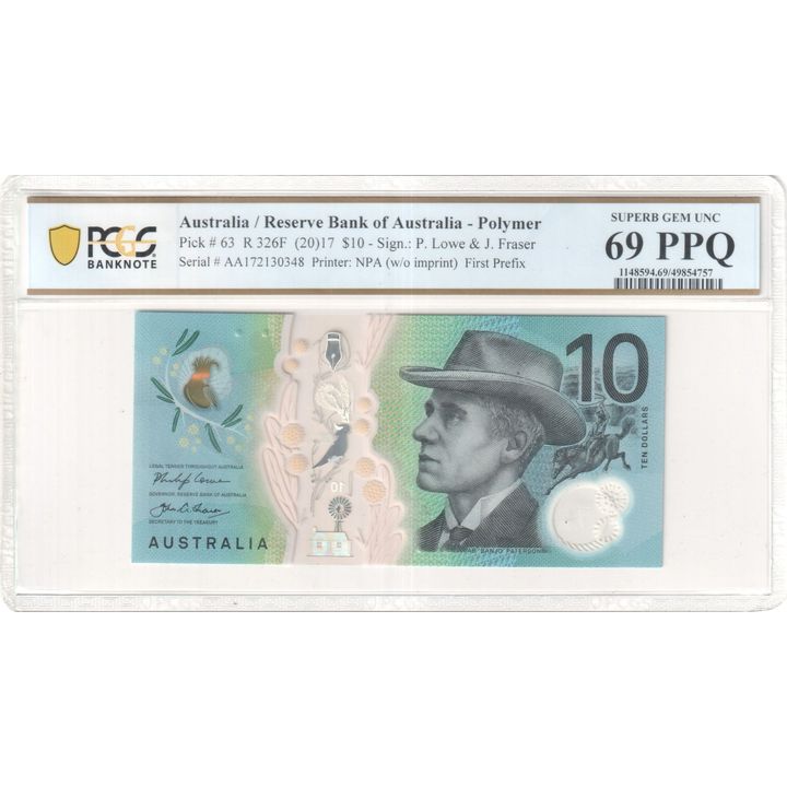 Lowe/Fraser, First Prefix, Ten Dollar, 2017, PCGS Superb Gem UNC 69 PPQ