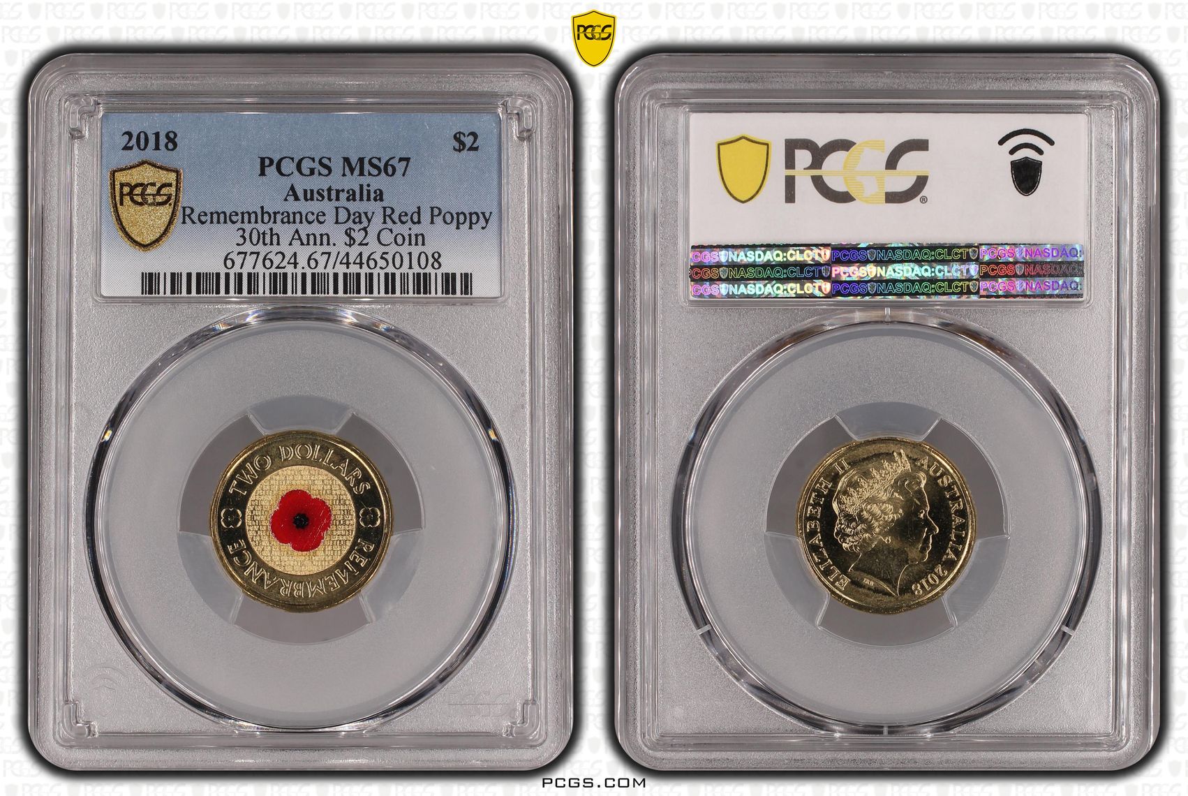 296 · 2018 Australia Two Dollar, $2 Remembrance Day Red Poppy 30th Ann. $2 Coin PCGS - MS67 -108