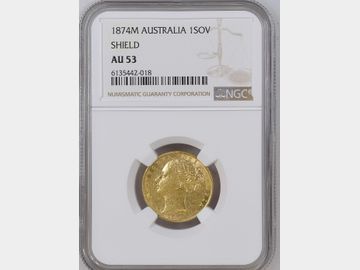1874 VICTORIA YOUNG HEAD MELBOURNE MINT SHIELD GOLD SOVEREIGN AU53