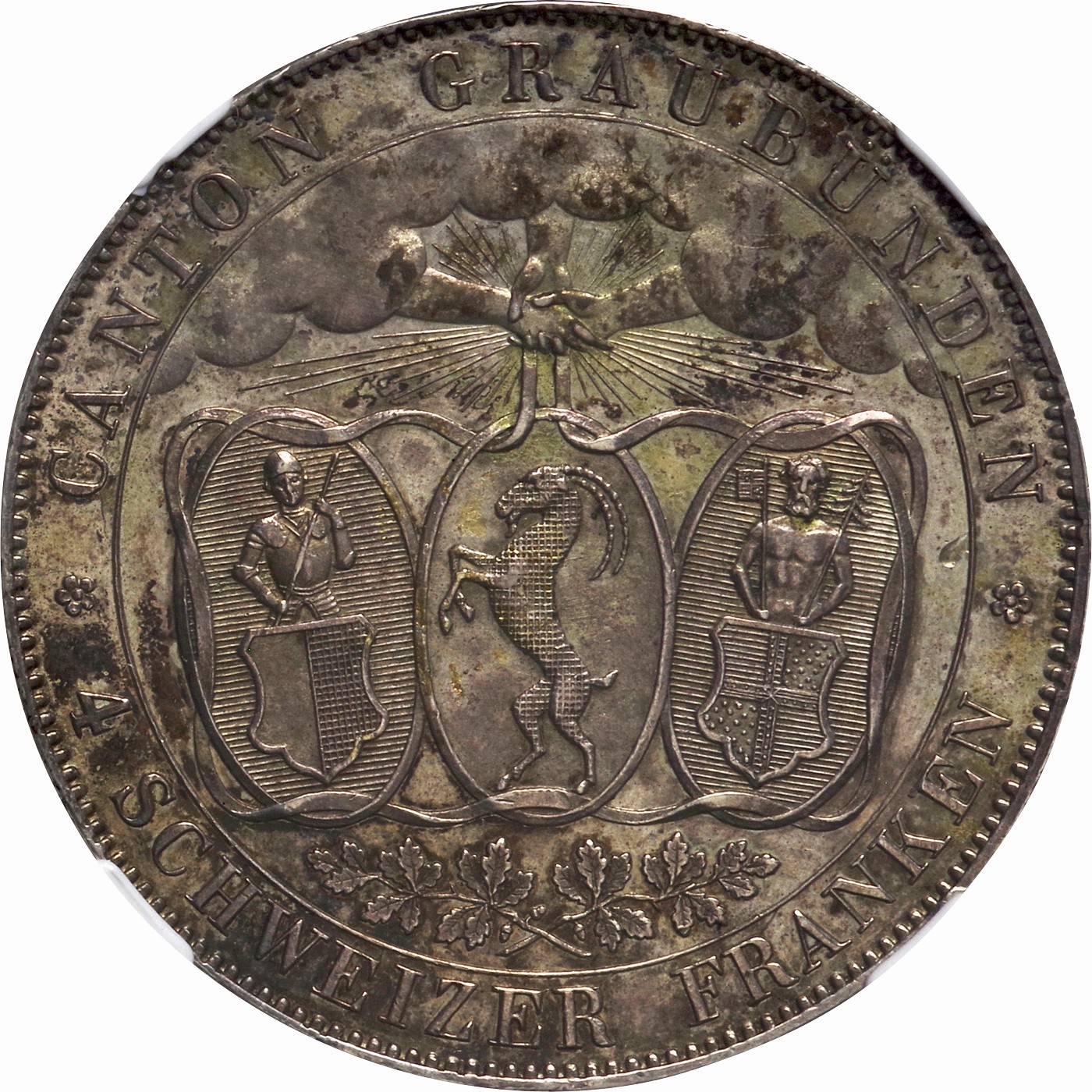 スイス-Switzerland. NGC MS62. Silver. 4フランケン(Franken). スイス