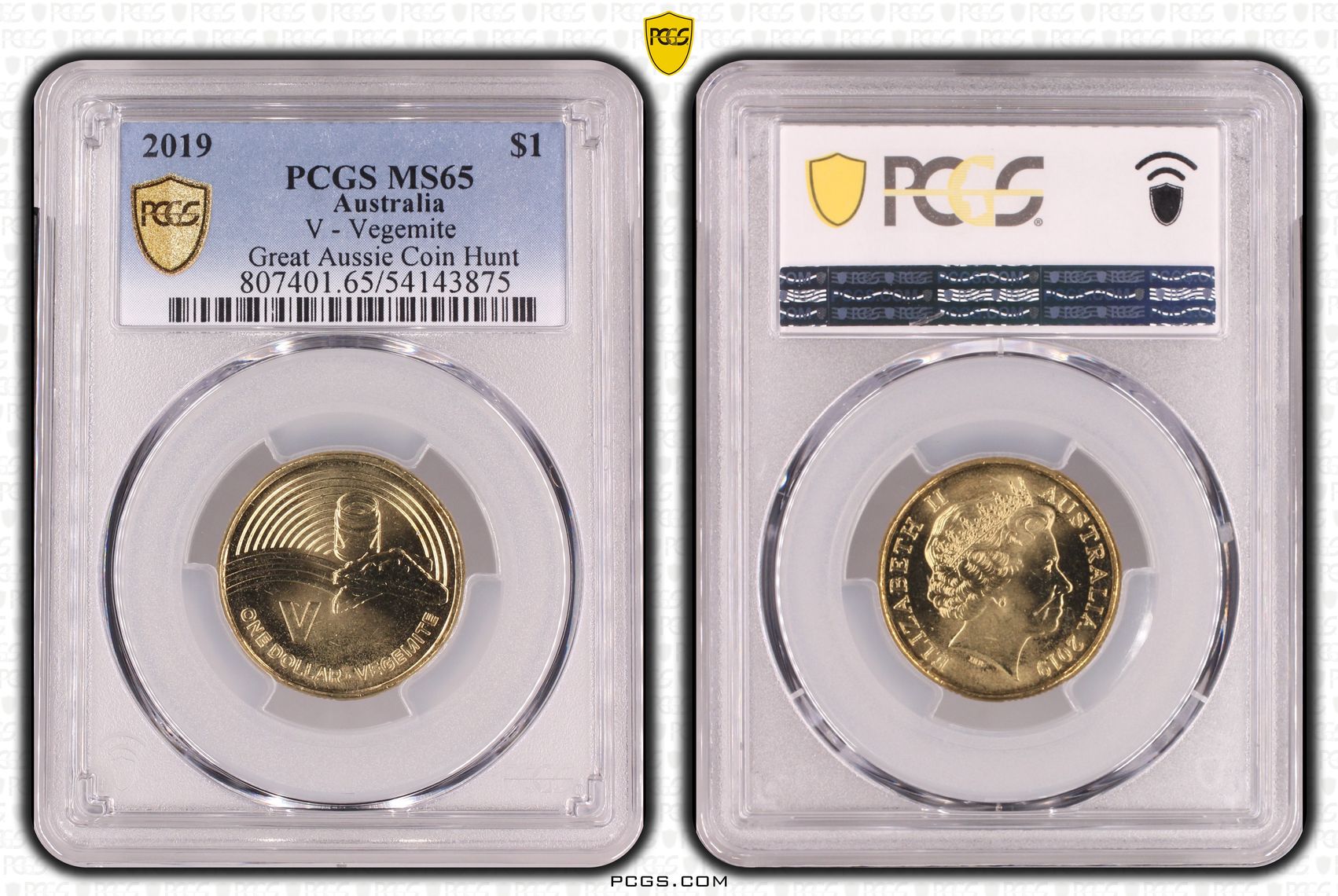 V - Vegemite Great Aussie Coin Hunt, One Dollar, 2019, PCGS MS65