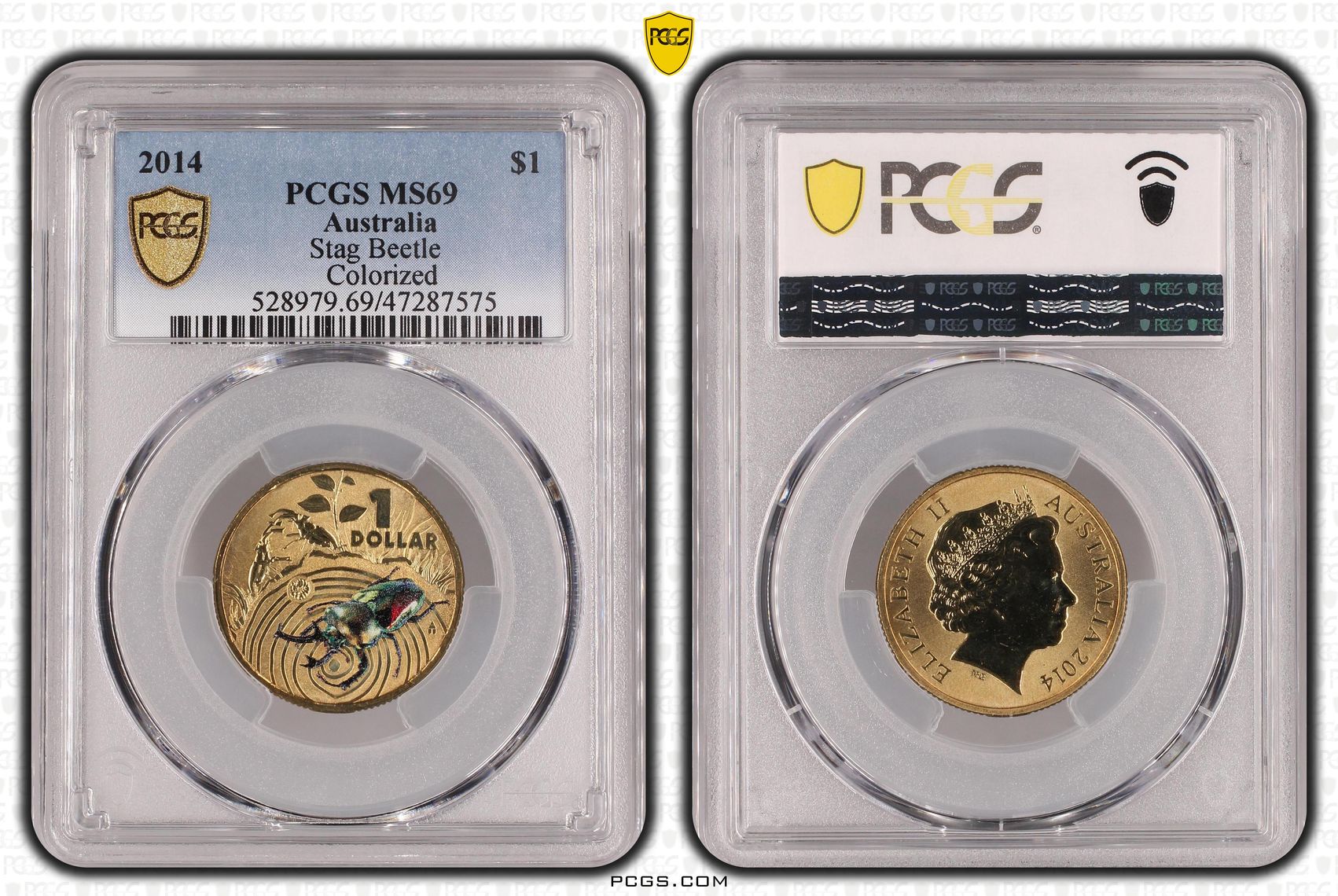 Elizabeth II, Stag Beetle Colorized, One Dollar, 2014, PCGS MS69