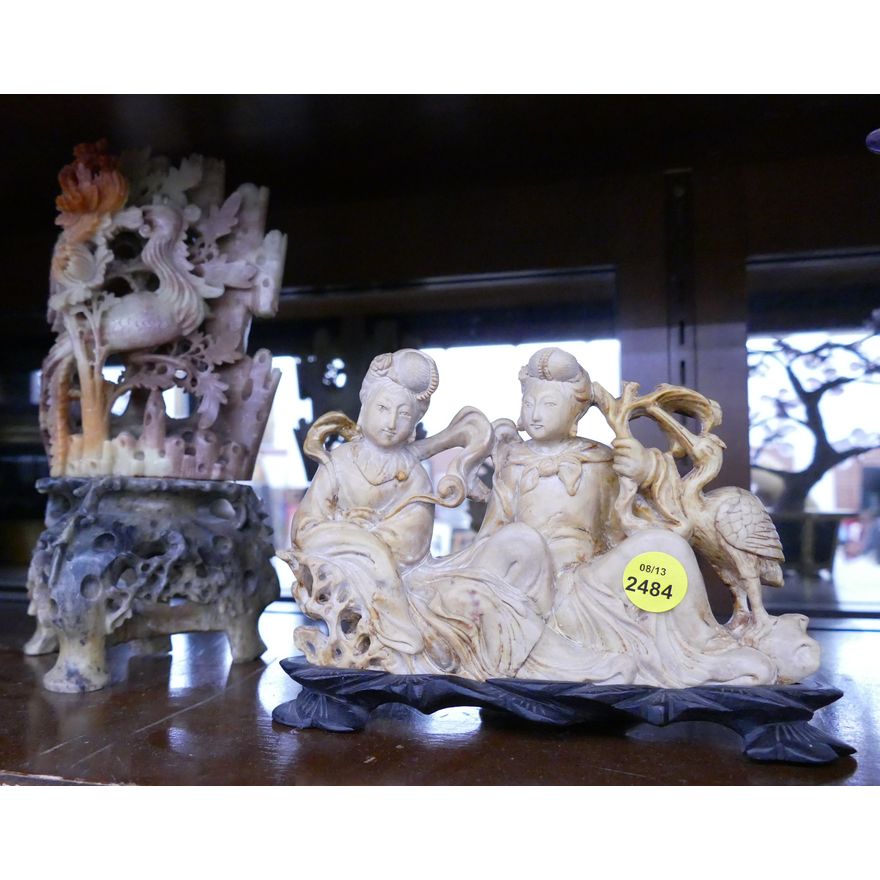 2pc Chinese Carved Soapstone Figures- 5-10''