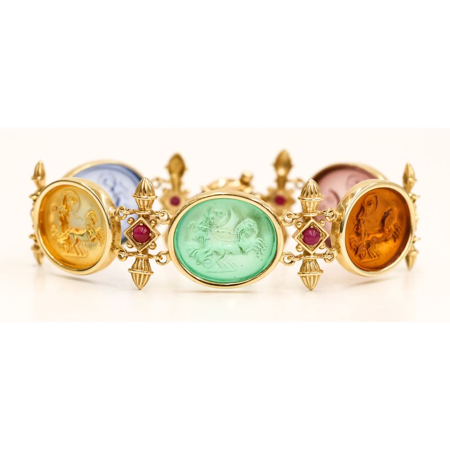Italian 14k Multi-Colored Glass Intaglio Bracelet