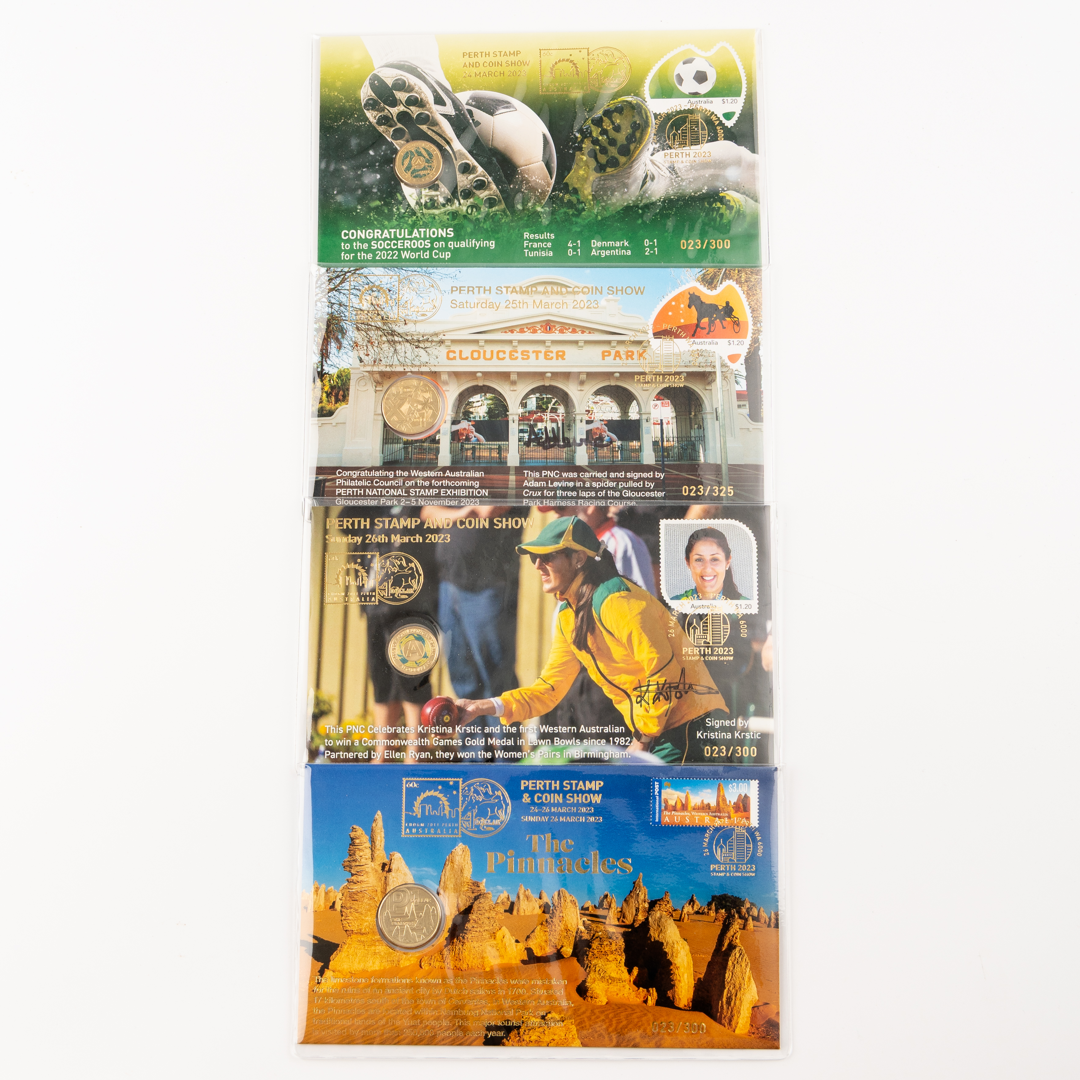 Elizabeth II, Perth Stamp & Coin Show - Socceroos, Gloucester Park, Kristina Krstic & The Pinnacles, One Dollar - Two Dollars, 2023, UNC