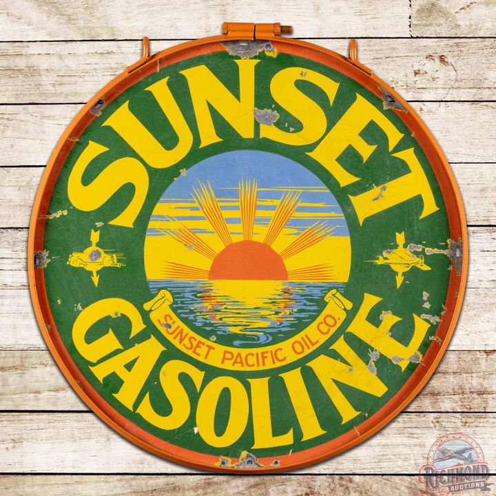 Scarce Sunset Gasoline 30" Double Sided Porcelain Sign w/ Ring "Blue Background"