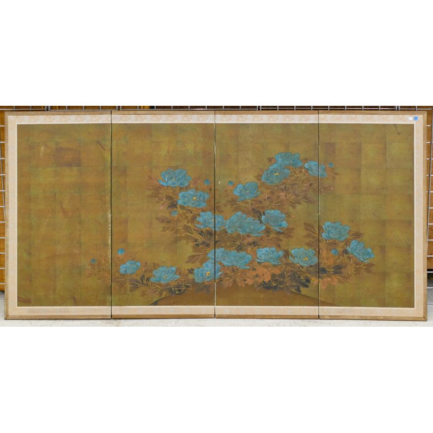 Japanese 4-Panel Painted Floral Screen 36''x73''