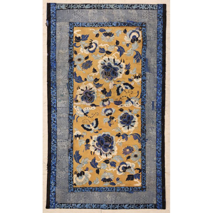 Old Chinese Silk Embroidered Blue Floral Panel 24''x14''