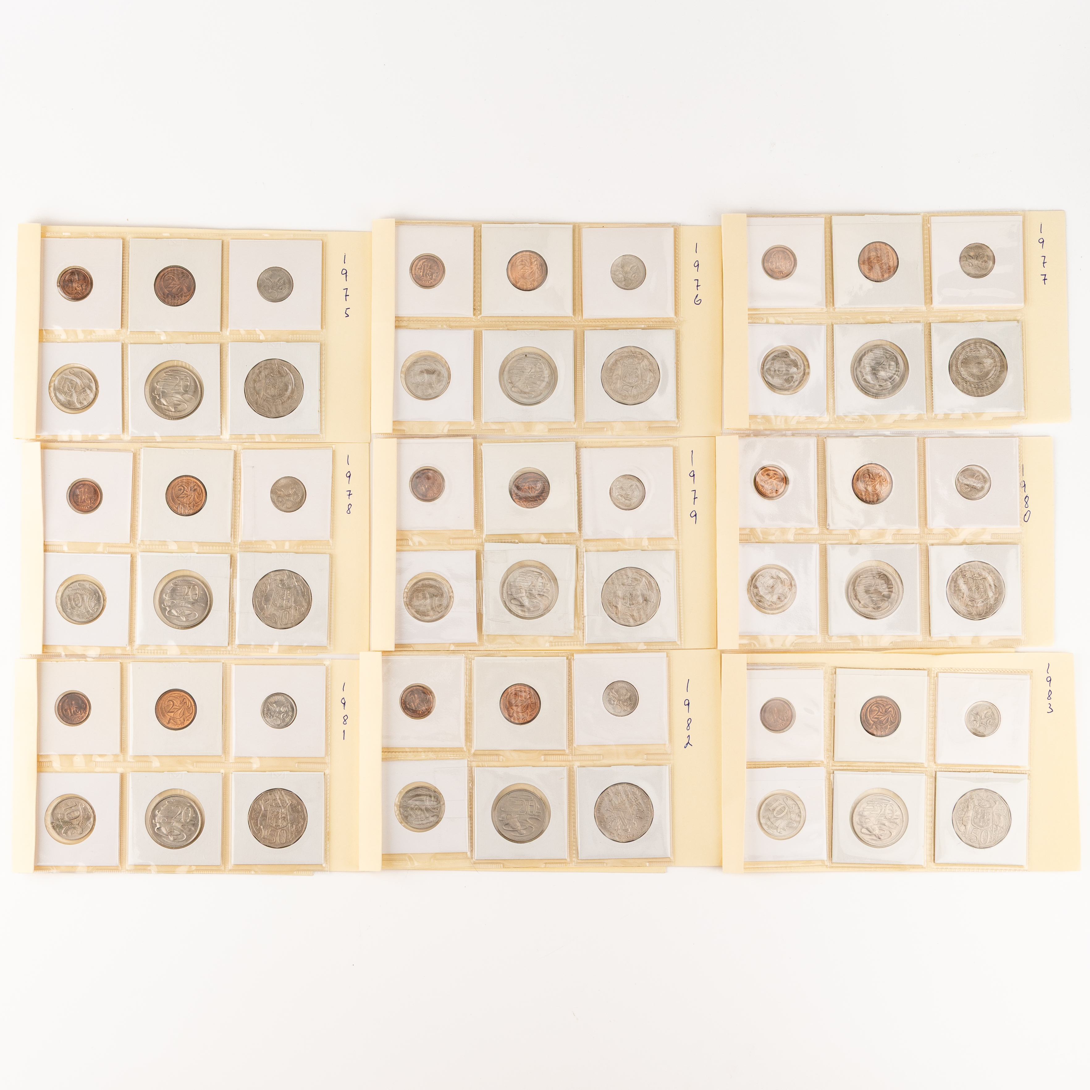 Elizabeth II, Handmade Mint Year Sets, One Cent - Fifty Cents, 1975 - 1983, UNC