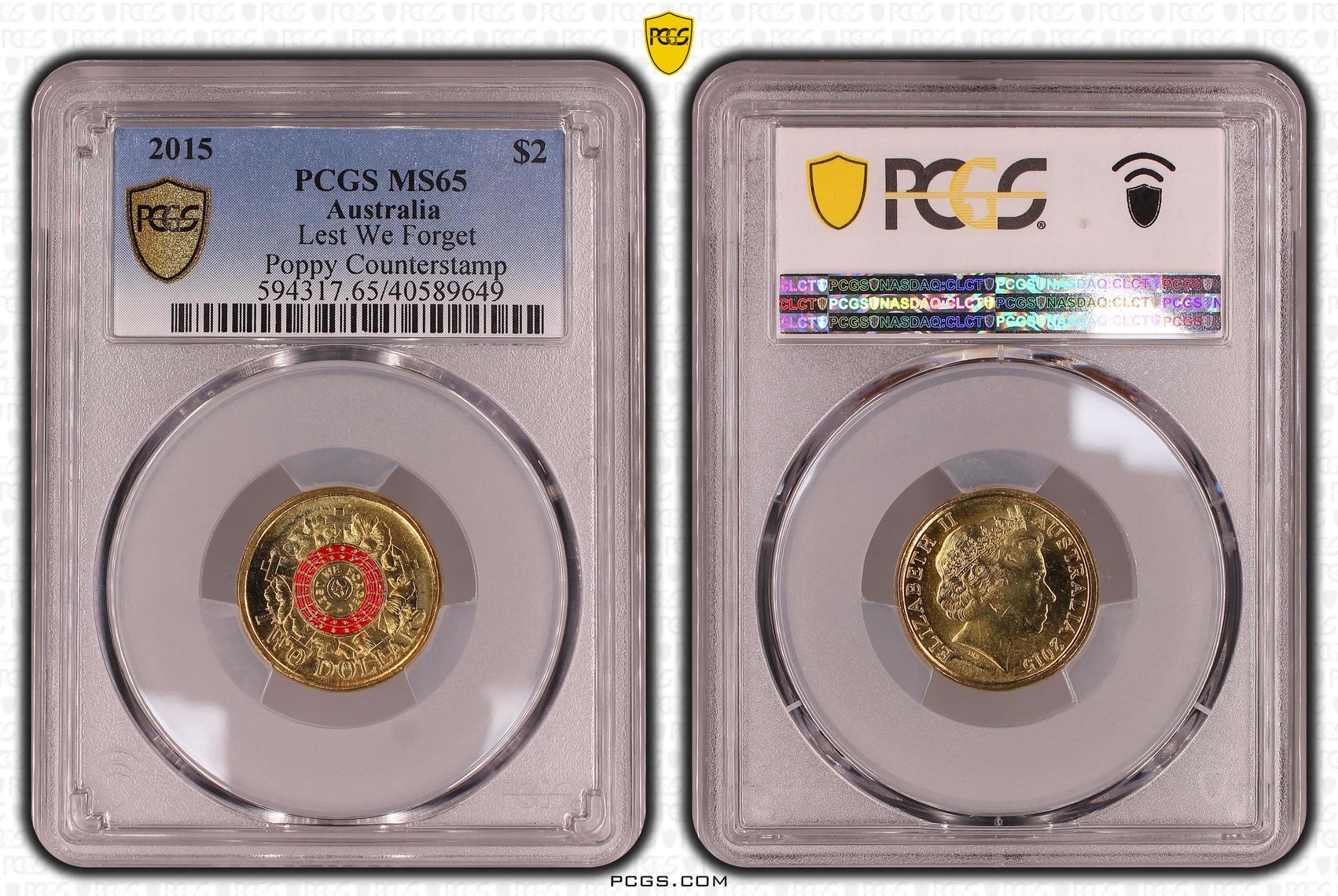 Lest We Forget Colorized Poppy counterstamp, Two Dollar, 2015, PCGS MS65