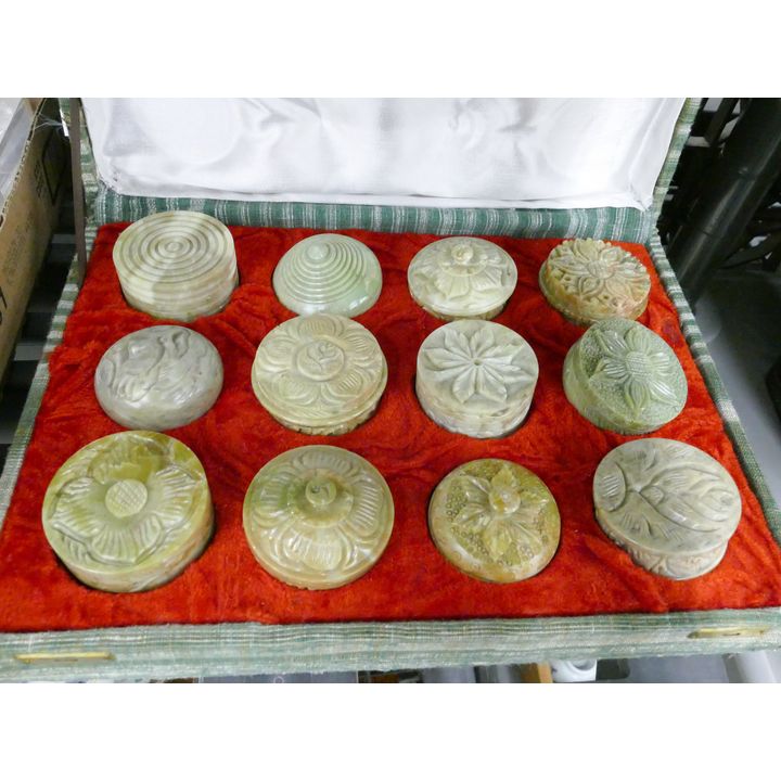 Set Soapstone Carved Boxes in Case- 12x9''