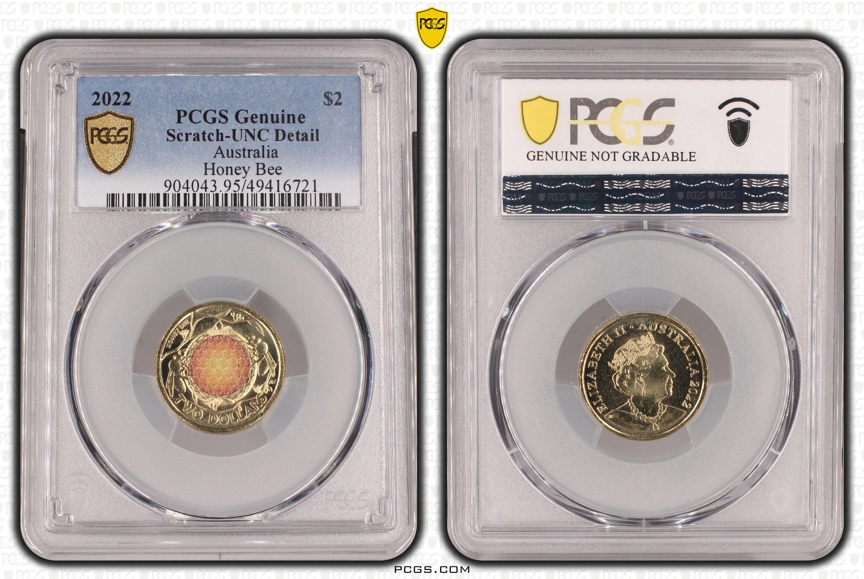 Honey Bee Colourised, Two Dollar, 2022, PCGS Genuine - UNC Details (95 - Scratch)