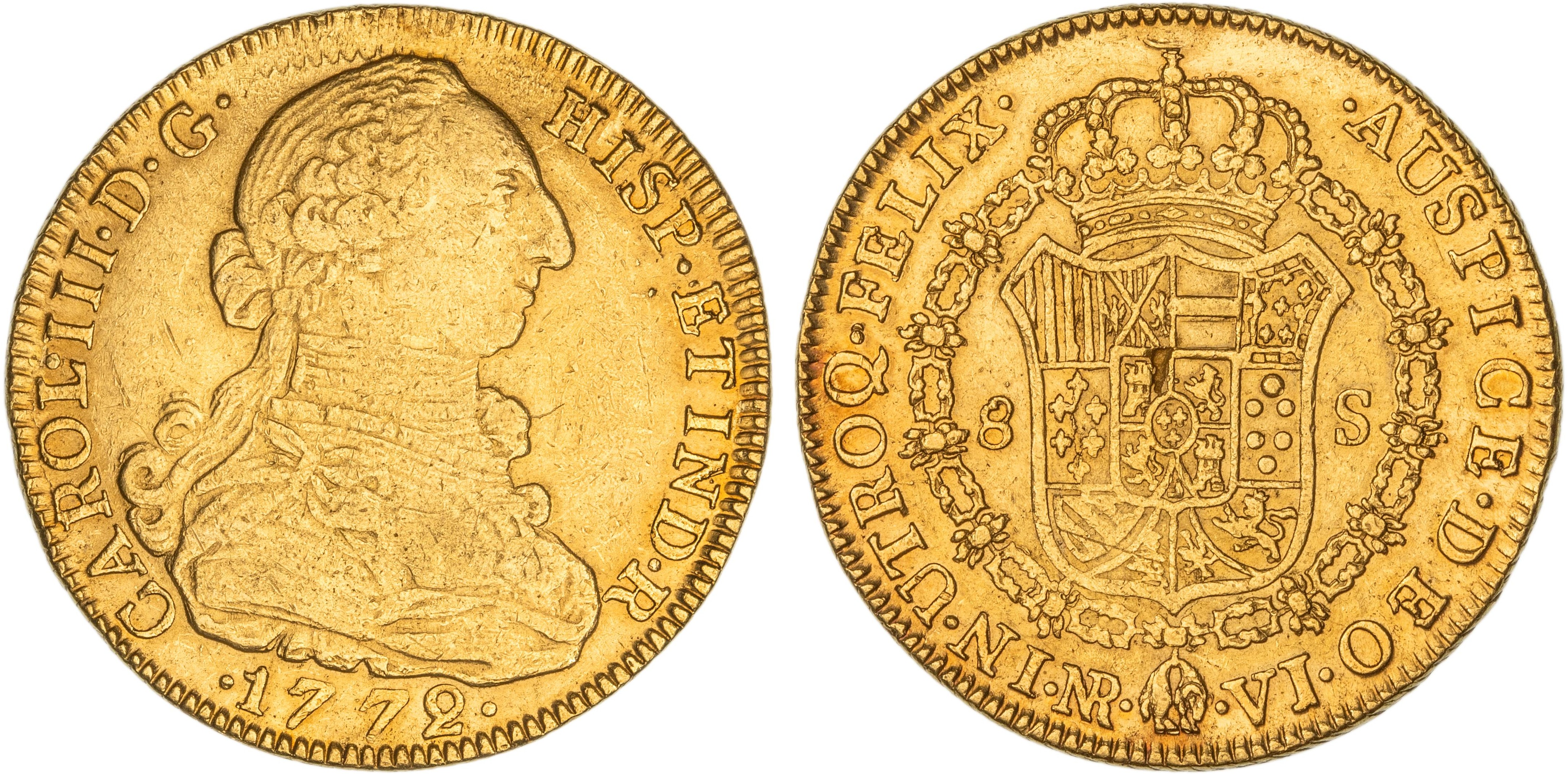 Colombia, Charles III, Eight Escudos, 1772-VJ, VF