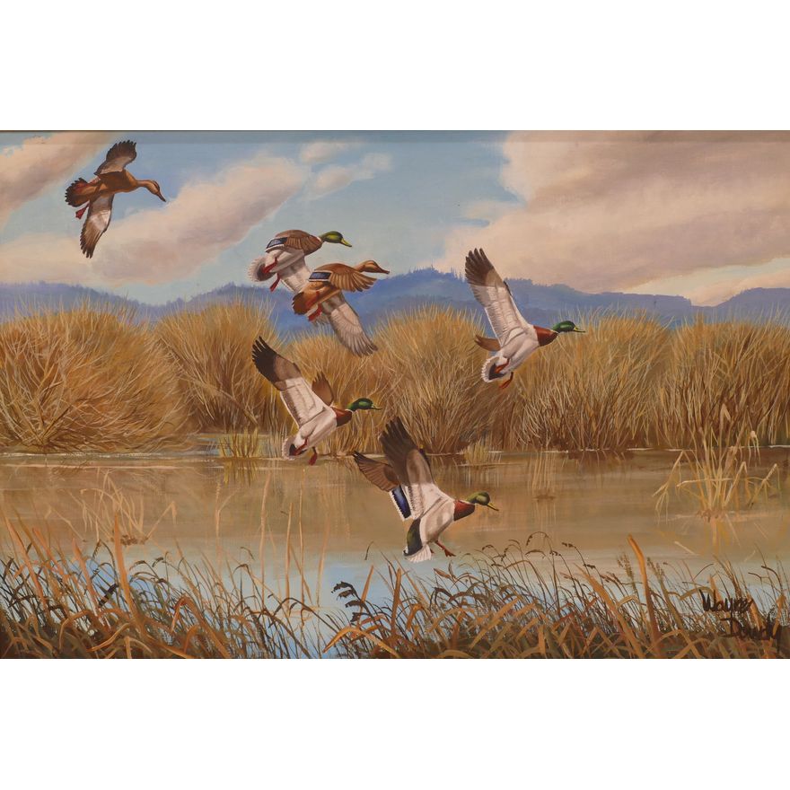 Wayne Dowdy ''Descending Ducks'' Oil on Canvas Painting. Framed Measurements 28x40''