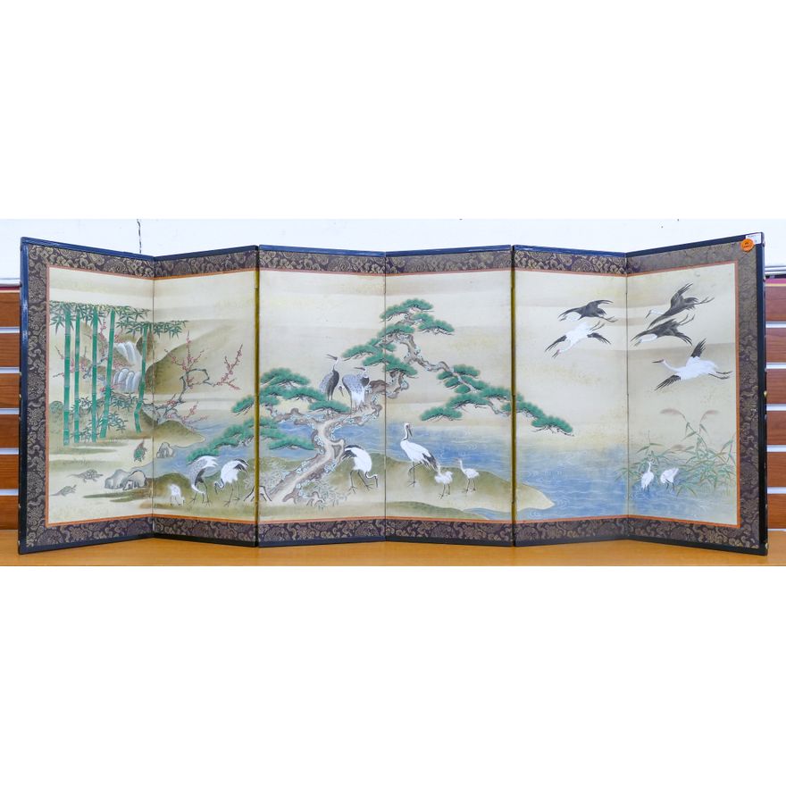 Antique Japanese Cranes on Elm Tree Painting 6-Panel