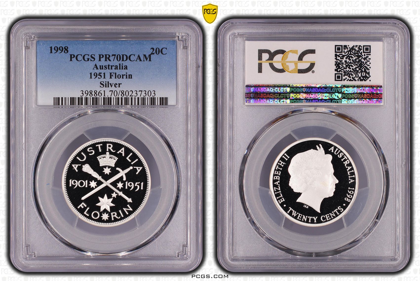 204 · 1998 Australia Twenty Cent, 20c 1951 Florin Silver PCGS - PR70DCAM POP 17/0 -303