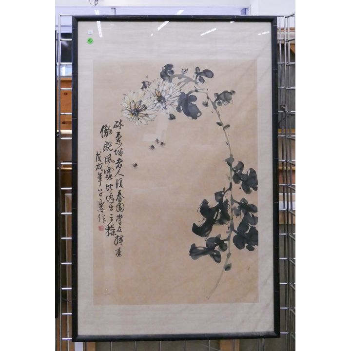 Old Chinese Flowers and Bees Watercolor Scroll Painting Framed- 39x25''
