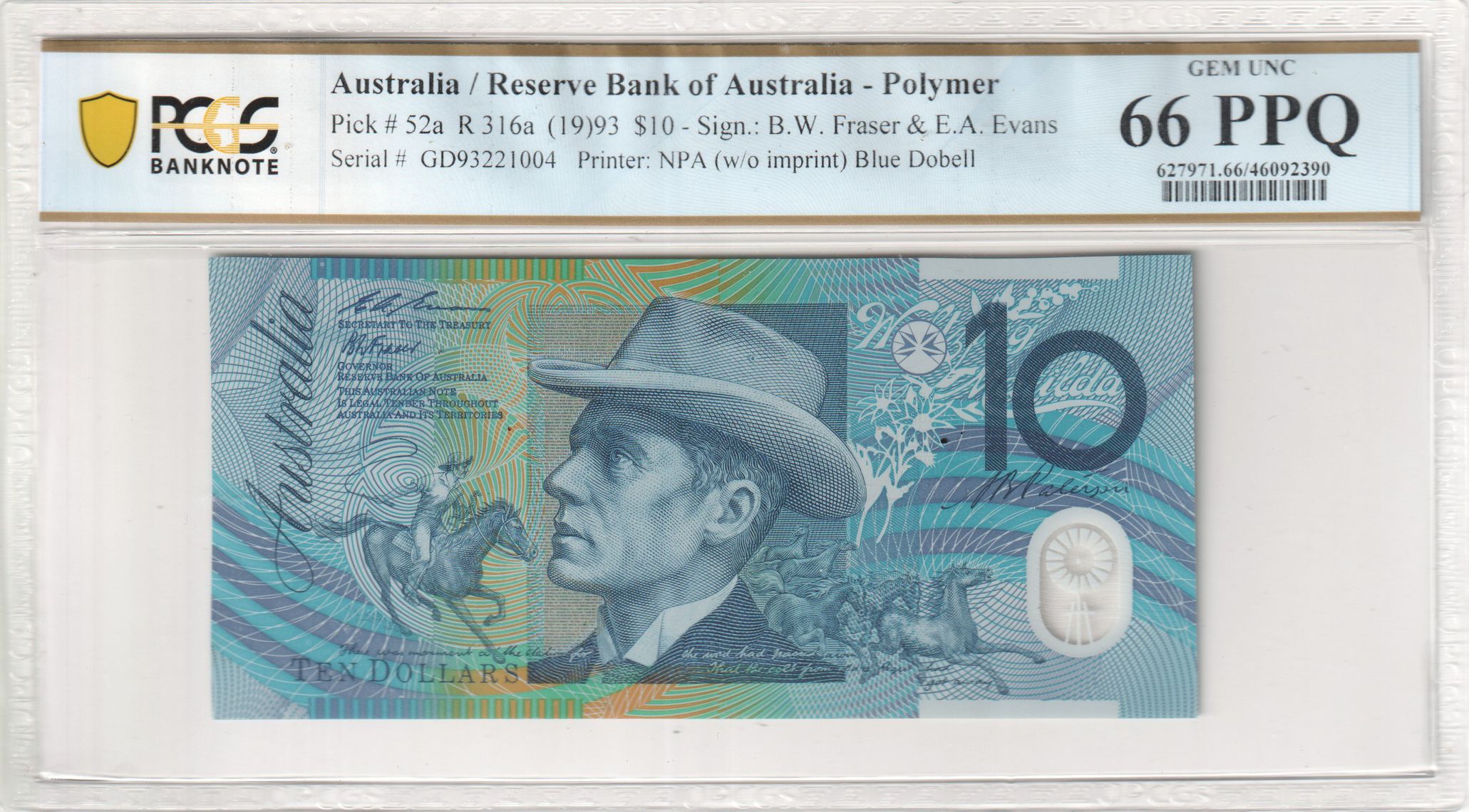 Fraser/Evans, Blue Dobell, Ten Dollar, 1993, PCGS Gem UNC 66 PPQ