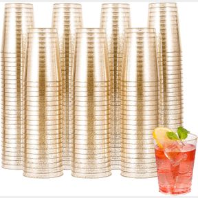 JOLLY CHEF 200 PACK 10 OZ GOLD PLASTIC CUPS, DISPOSABLE GOLD GLITTER PLASTIC CUPS, CLEAR PLASTIC TUMBLERS FOR WEDDINGS THANKSGIVIN