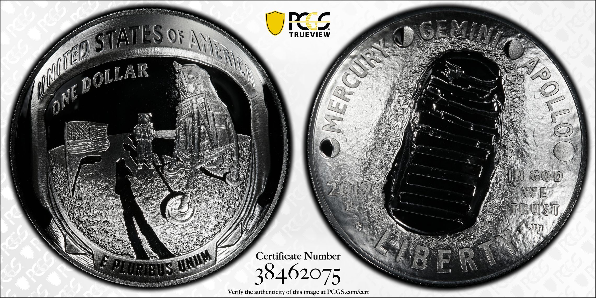 2019-P The United States of America One Dollar, $1 99.9% Silver Apollo 11 50th Anniversary PCGS - PR69DCAM -075