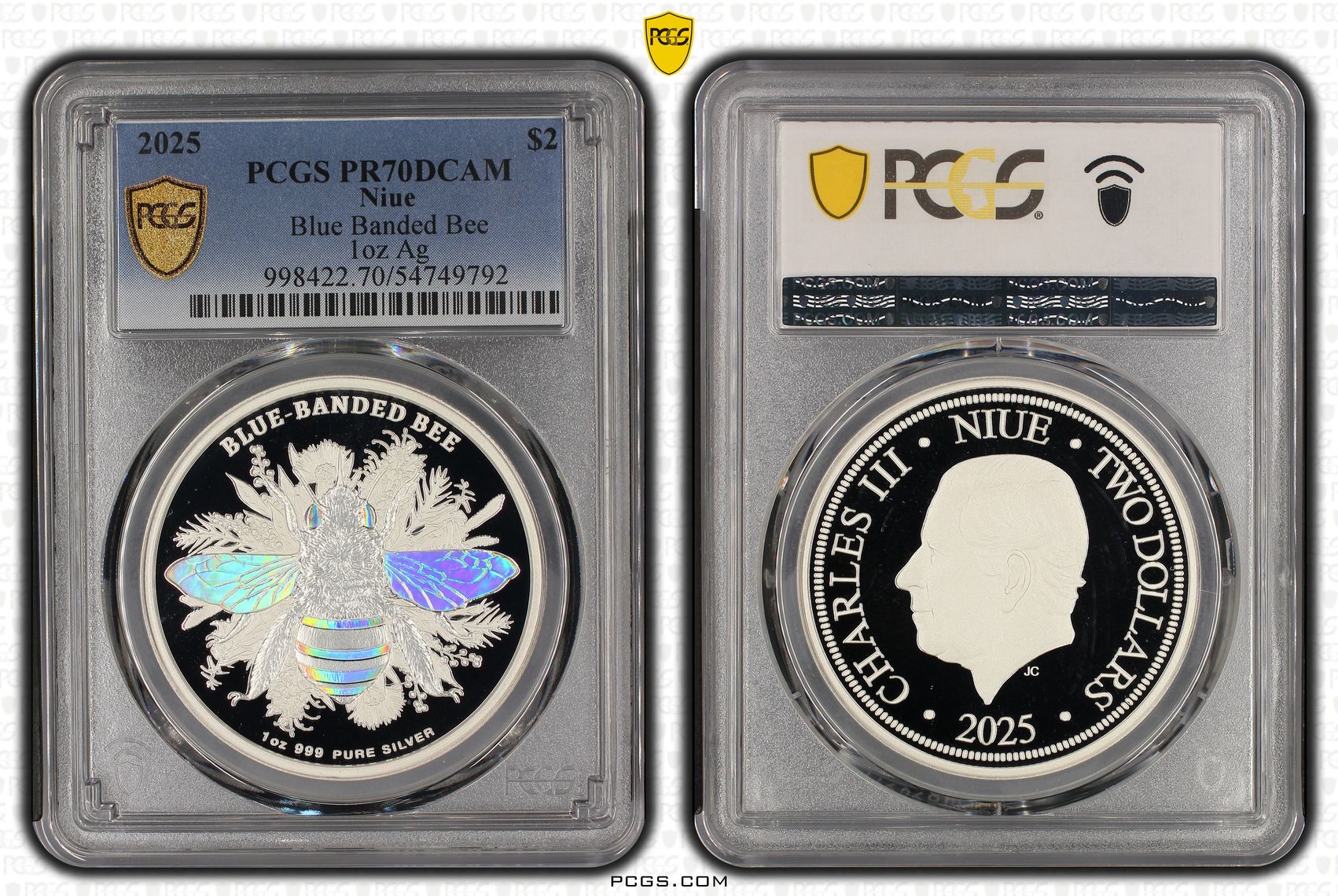 Niue, Blue Banded Bee 1oz Silver, 23/0, Two Dollars, 2025, PCGS PR70DCAM