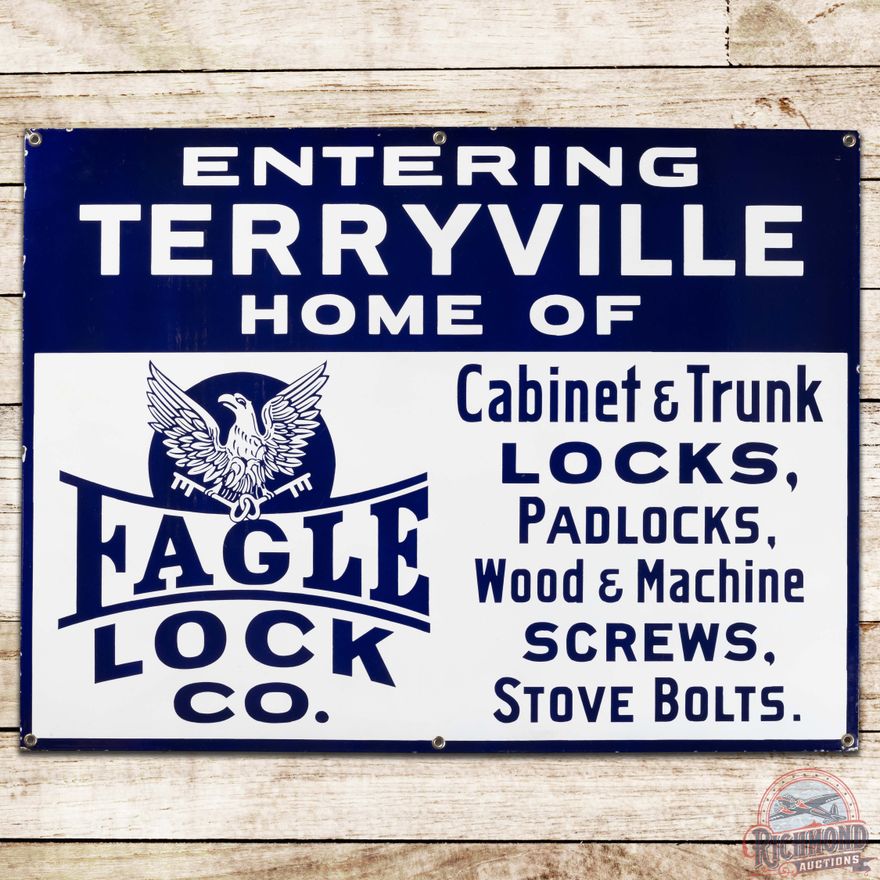 Entering Terryville CT Home of Eagle Lock Co. SS Porcelain Sign w/ Logo