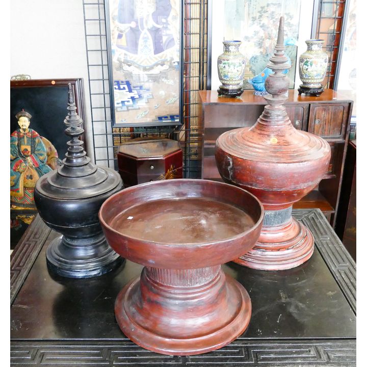 3pc Antique Thai Lacquer Pedestal Offering Bowls- 11'' to 27''