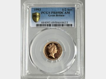 1993 ELIZABETH II PROOF GOLD HALF SOVEREIGN PR69 DCAM