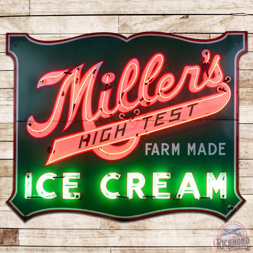7' Miller's High Test Farm Made Ice Cream SS Porcelain Neon Sign