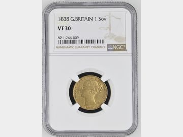 RARE 1838 VICTORIA SHIELD GOLD SOVEREIGN VF30