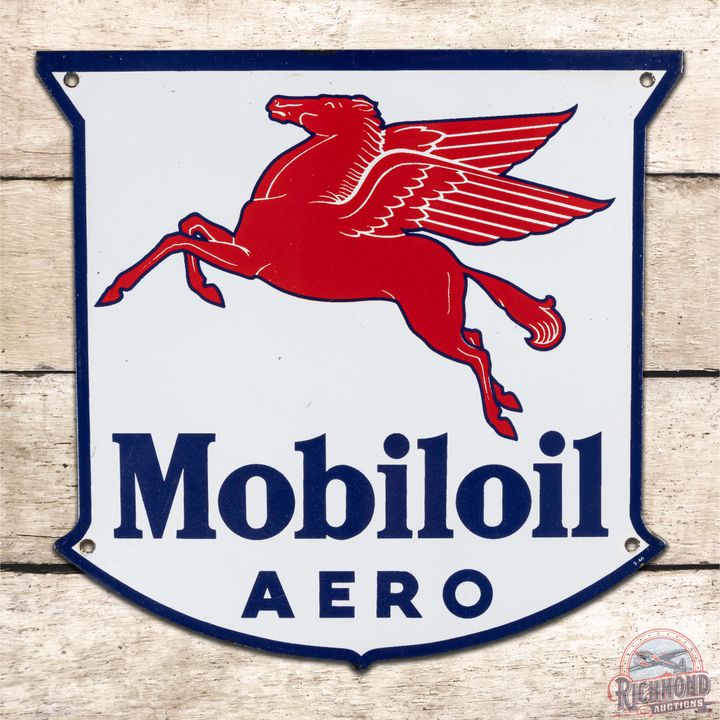 Superb Mobilgas Aero Gasoline Die Cut Single Sided Porcelain Pump Plate Sign w/ Pegasus