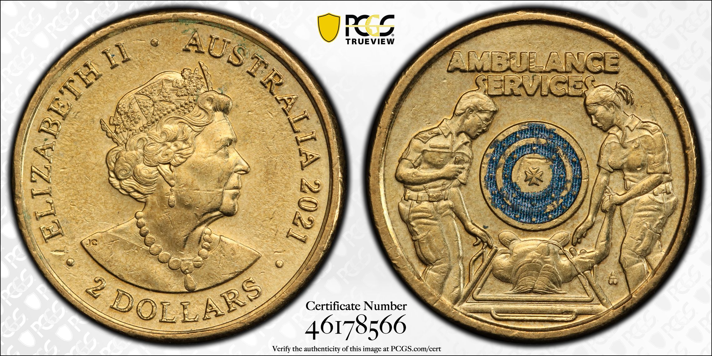 Elizabeth II, Ambulance Service - Colorized , Two Dollar, 2021, PCGS AU55