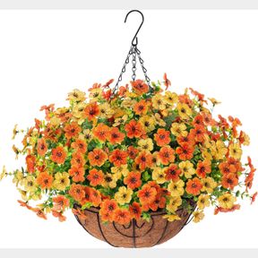 HYEFLORA ARTIFICIAL FAKE HANGING MUMS PLANTS FLOWERS BASKET FOR FALL AUTUMN OUTDOOR DECOR, FAUX SILK ORANGE DASIY FLOWER LOOK REAL