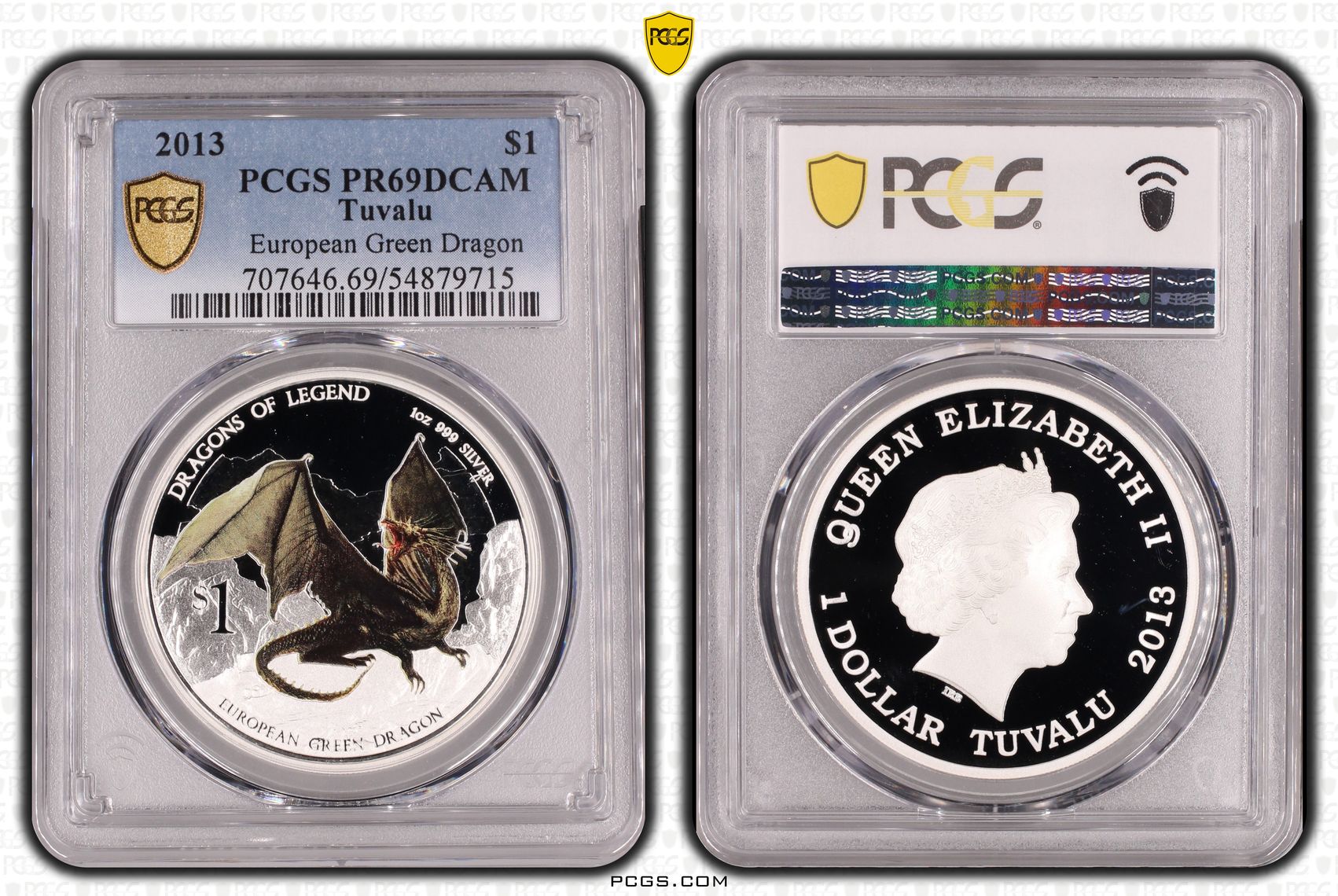 270 · Tuvalu, European Green Dragon, POP 6/0, One Dollar, 2013, PCGS PR69DCAM