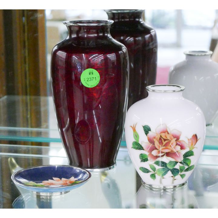 3pc Japanese Cloisonne Vases and Dish 3'' to 6''