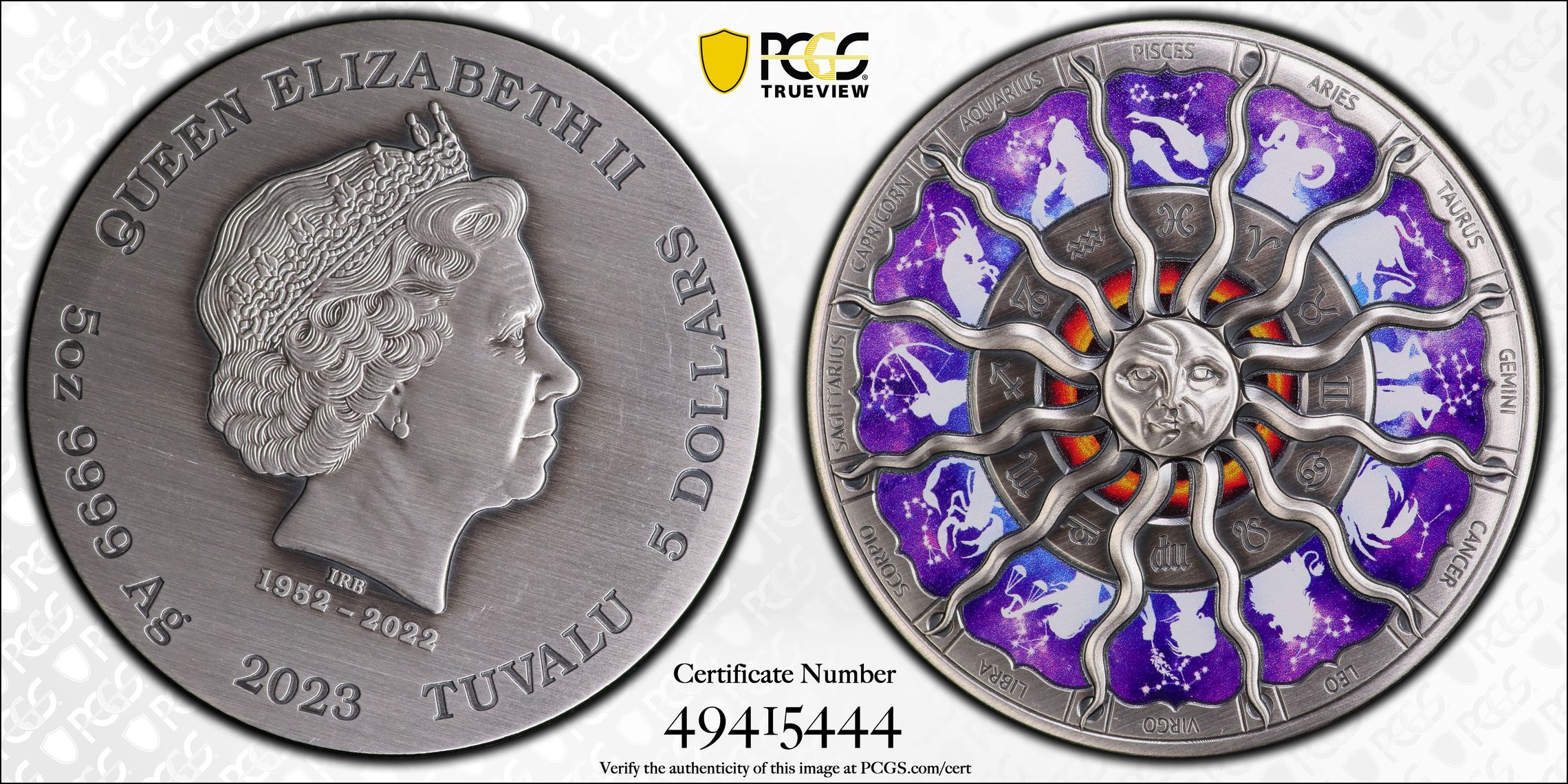 Tuvalu, Signs of the Zodiac Antique Finish 5oz Ag POP 1/0, Five Dollar, 2023, PCGS SP68