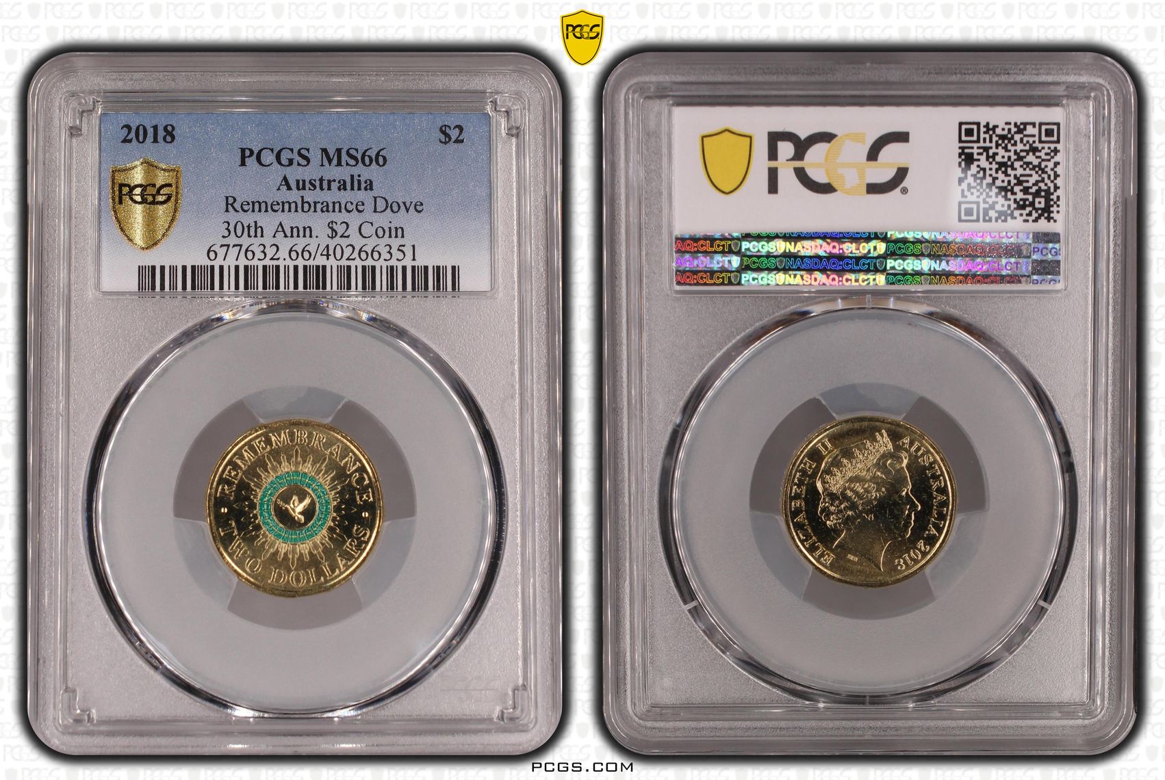 Remembrance Dove Colourised 30th Ann. $2 Coin, Two Dollar, 2018, PCGS MS66