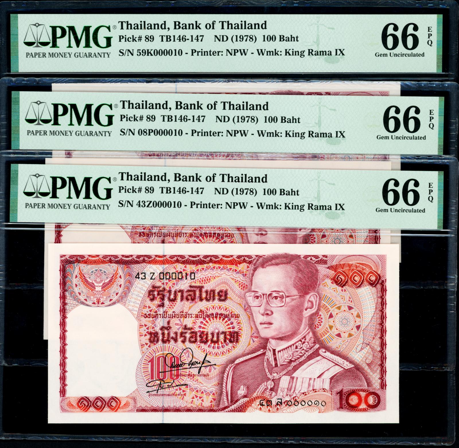 Thailand 1978 100Baht 43Z/08P/59K 000010 PMG 66EPQ x3pcs