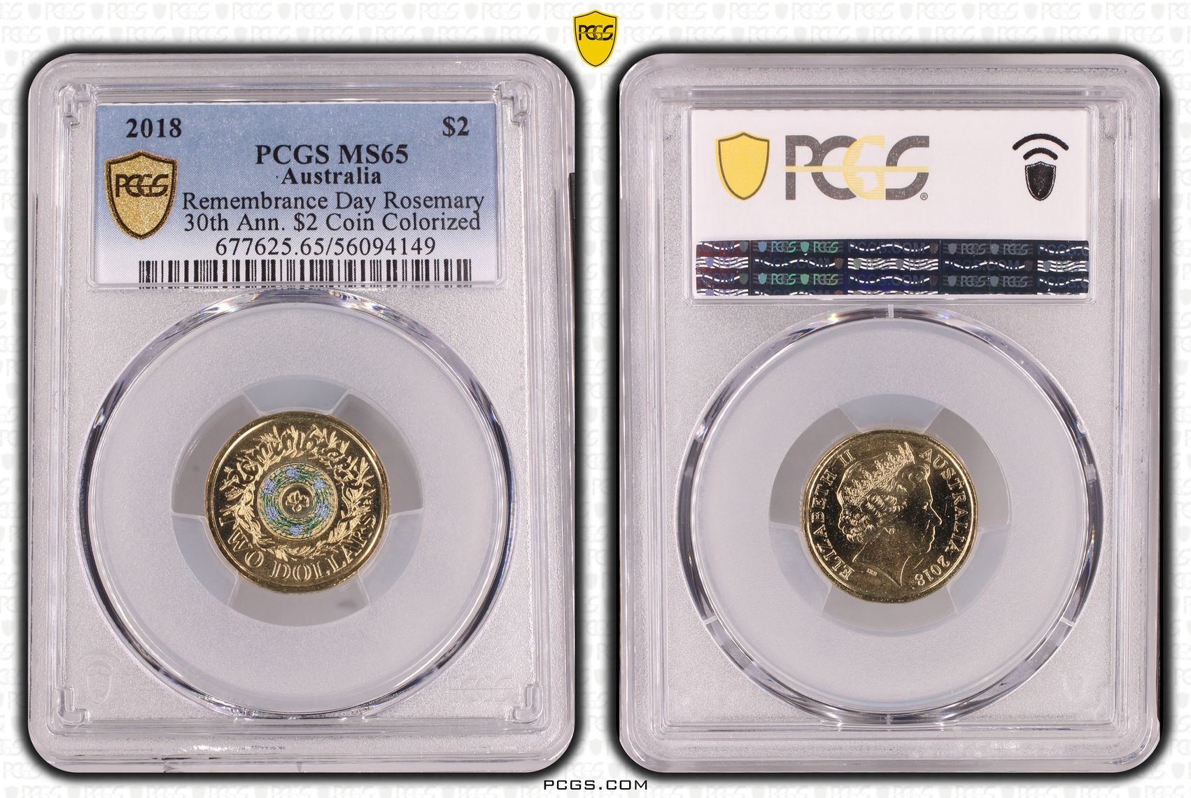 Remembrance Day Rosemary 30th Ann. $2 Coin Colorized, Two Dollar, 2018, PCGS MS65
