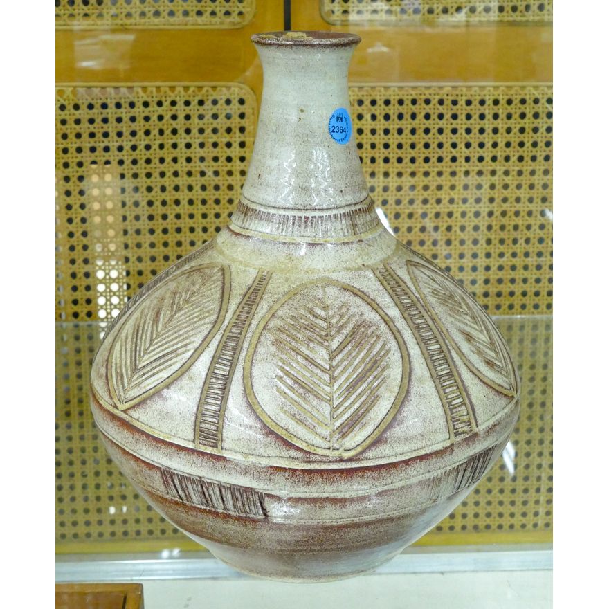 Mid Century Danish Leaf Motif Pottery Vase 12''