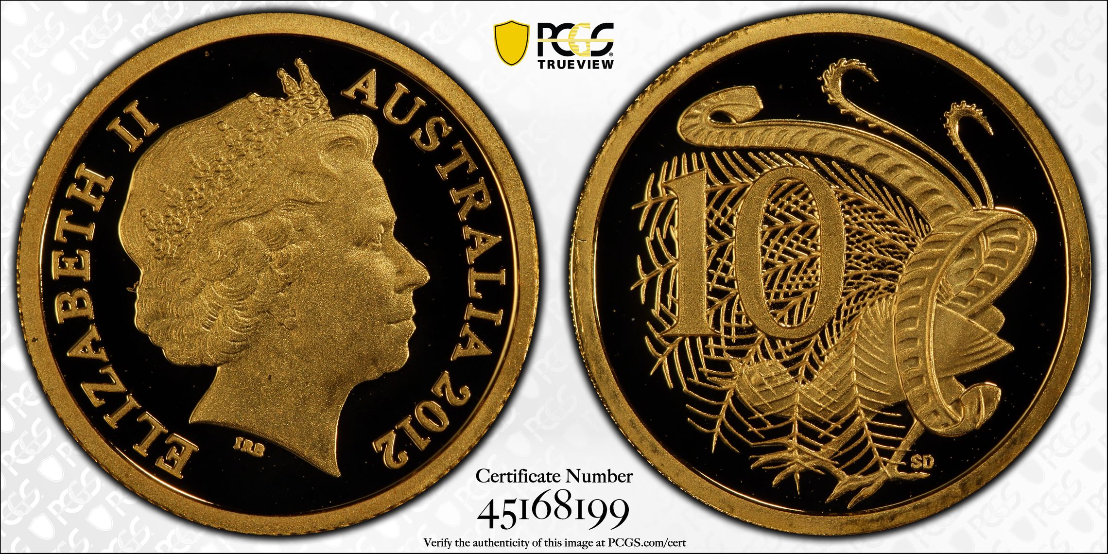 2012 Australia Gold Ten Cent, 10c Lyre bird PCGS - PR70DCAM POP 7/0 -199