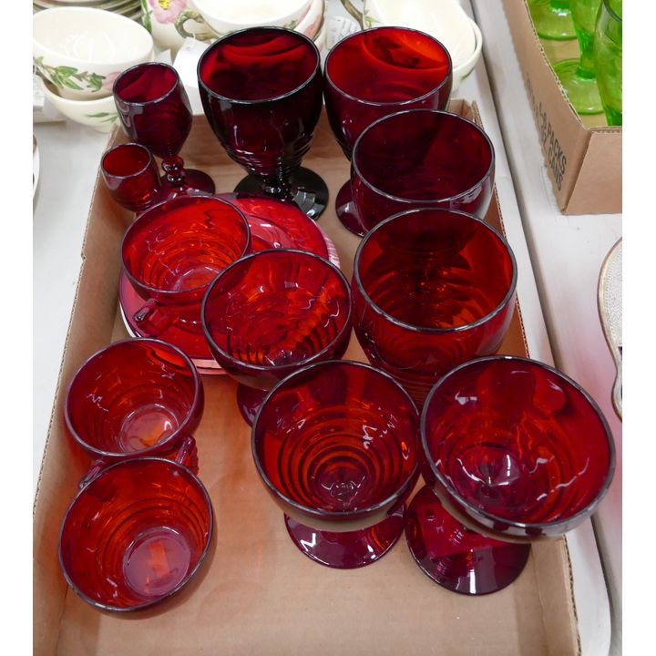 Box 15pc Red Glass Water Goblets etc.