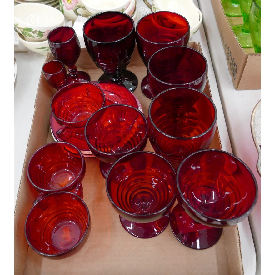 Box 15pc Red Glass Water Goblets etc.