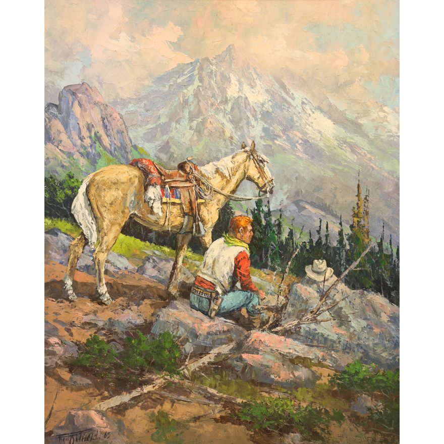 Fred Oldfield ''Resting'' (Cowboy with Horse) 1965 Oil