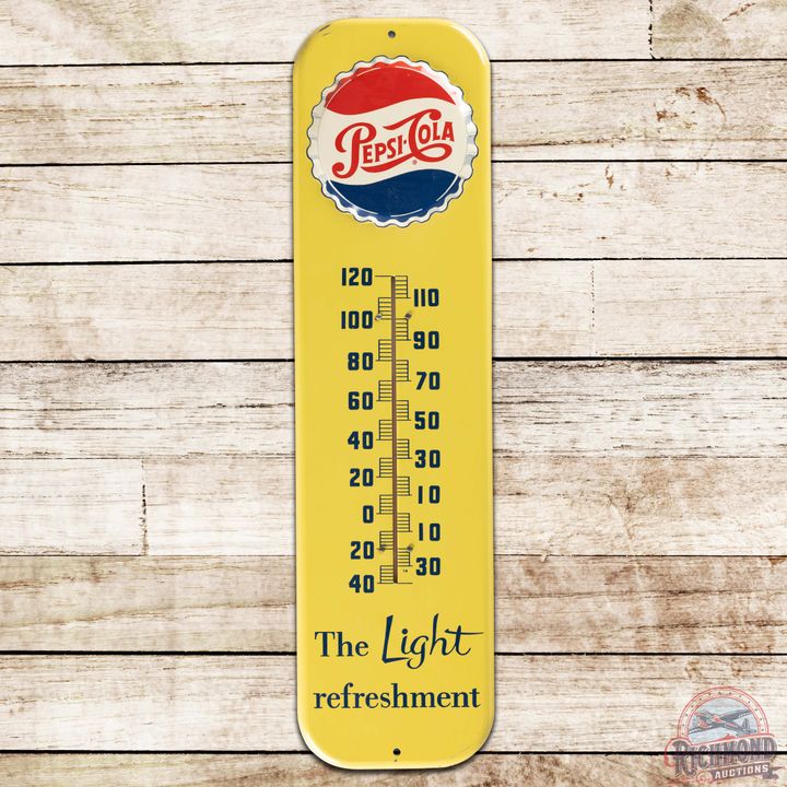 Pepsi Cola "The Light Refreshment" Embossed SS Tin Thermometer Sign w/ Bottlecap