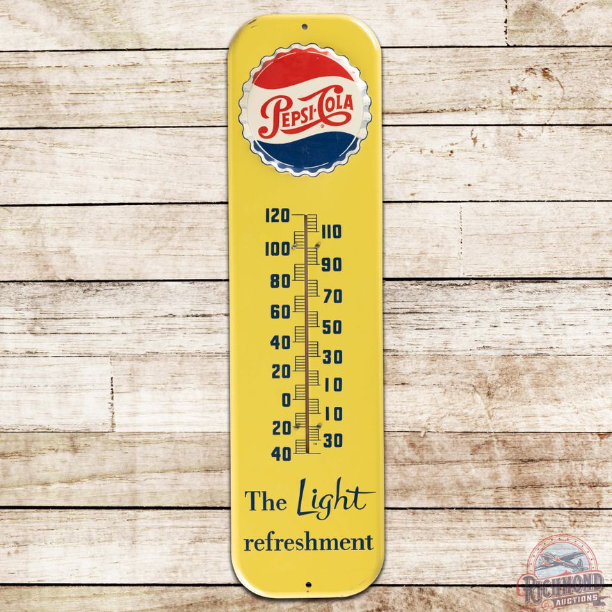 Pepsi Cola "The Light Refreshment" Embossed SS Tin Thermometer Sign w/ Bottlecap